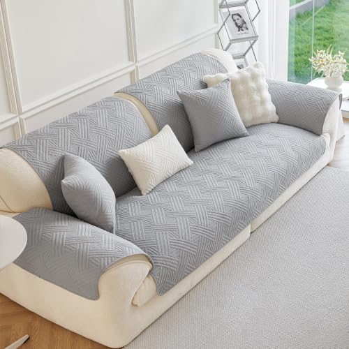 Cotton Quilted Non-Slip Couch Cover for Sofa - Grey, 43.3x94.5 Inches - Pet & Furniture Protector