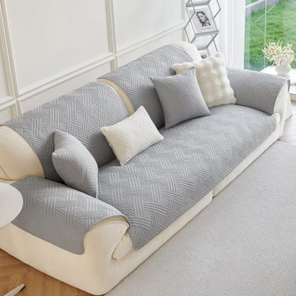 Cotton Quilted Non-Slip Couch Cover for Sofa - Grey, 43.3x94.5 Inches - Pet & Furniture Protector