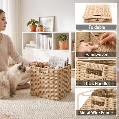 Khaki Cotton Rope Cube Storage Basket 11 Inch Foldable Organizer with Handles