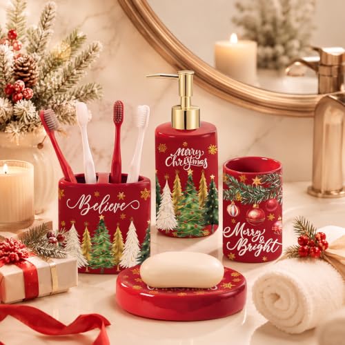 Christmas Ceramic Bathroom Accessories Set - Red Merry Christmas Variation