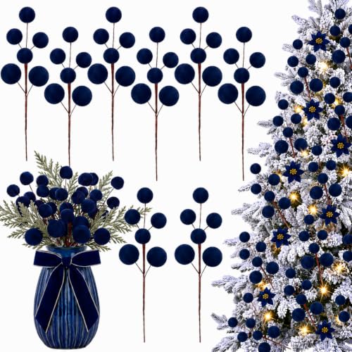 Foggy Blue Velvet Christmas Tree Picks Set - 8 Decorative Ornaments