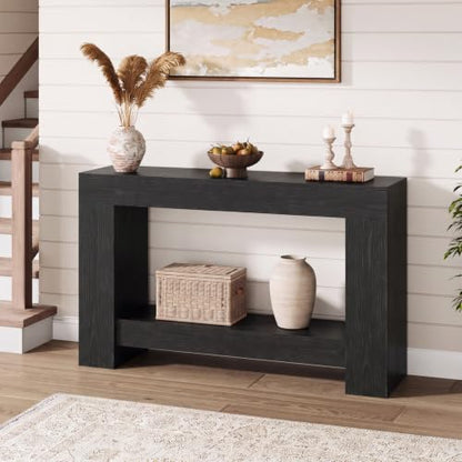 Farmhouse 47-Inch Black Console Table with 2-Tier Storage - Entryway Furniture