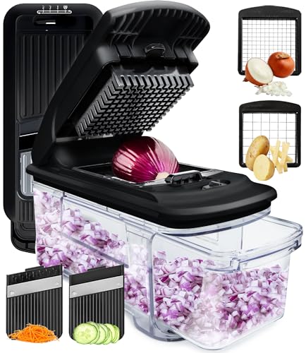 Fullstar All-in-1 Vegetable Chopper, Mandoline Slicer & Cheese Grater - French Fry Cutter & Veggie Dicer - Includes Bonus Handheld Spiralizer - Cook's Tool & Gadget Sets (6 in 1, Black)