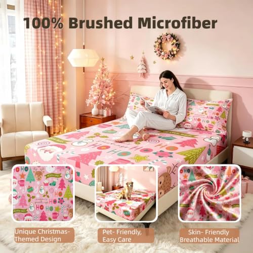 Pink Christmas Bed Sheets Set Twin with Santa Snowman Deer & Tree Design - Variation of Multi 43 / Twin