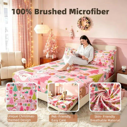 Pink Christmas Bed Sheets Set Twin with Santa Snowman Deer & Tree Design - Variation of Multi 43 / Twin