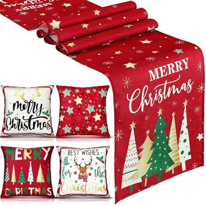 Christmas Table Runner & Pillow Covers Set - Star Pattern, 18x18 Inch, Holiday Decor