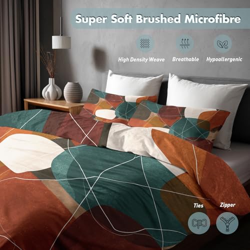 Geometric Abstract Duvet Cover Set Queen Size 3 Piece Terracotta & White