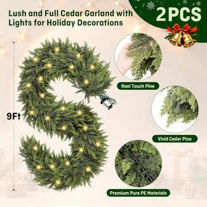 9Ft 2 Pack Prelit Real Touch Cedar Garland with Lights for Christmas Decorations