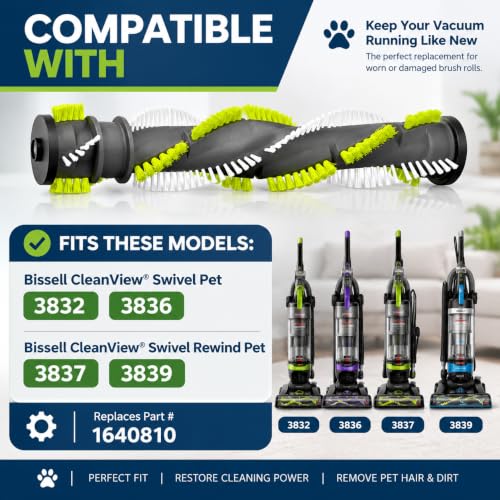 Replacement Brush Roll for Bissell CleanView Swivel Pet Models 3832 3836 3837 3839