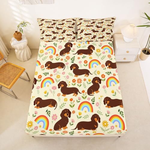Manfei Kawaii Dachshund Sausage Dog Sheets Set Queen Size Rainbow Colorful Bedding 4Pcs