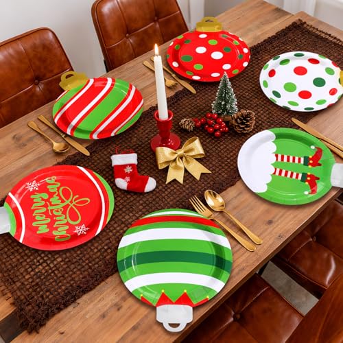 Christmas Disposable Plates Bulk Set - 120 Pcs 9 Inch Light Shaped Party Dinnerware with Variation Ornaments Ball