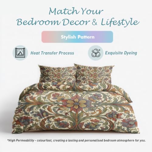 King Size Reversible Duvet Cover Set with Pillowcases - Morris Style Green Beige - 3 Piece