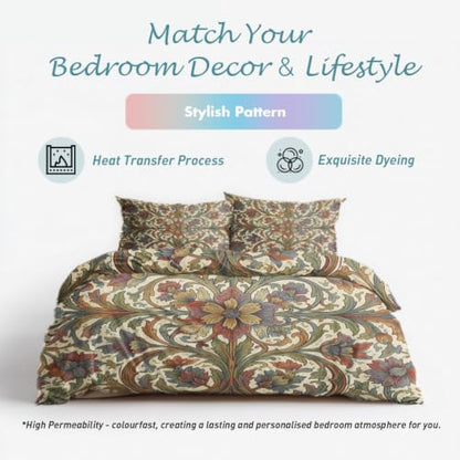 King Size Reversible Duvet Cover Set with Pillowcases - Morris Style Green Beige - 3 Piece
