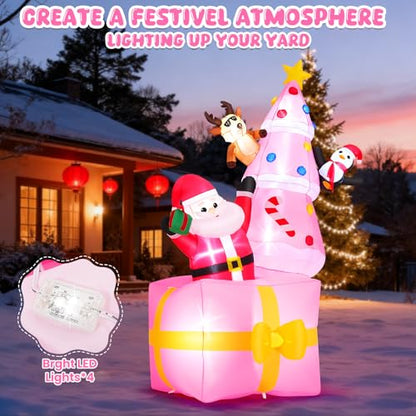 Pink Inflatable Christmas Tree - 8ft Outdoor Xmas Decor with Santa & LED Lights - Pink Christmas Tree Variation