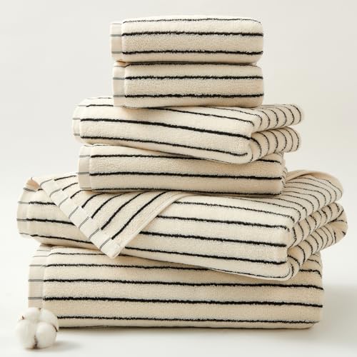 Black and White Striped Cotton Bath Towels Set 6 Pieces for Bathroom Decor