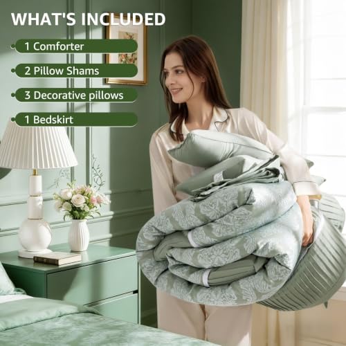 King Size Comforter Set 7 Piece Jacquard Damask Bedding in Sage Green
