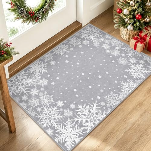 Grey Christmas Snowflake Entrance Rug 2x3 Indoor Door Mat, Non-Slip Cushioned