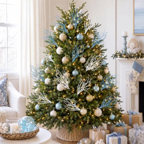 15PCS Coastal Christmas Glitter Picks Decorations - Blue & White Holiday Spray