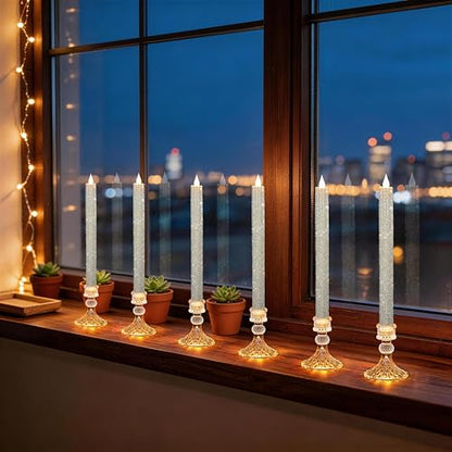 LED Flameless Taper Candles with Illuminated Crystal Silver Holder - 6 Pack