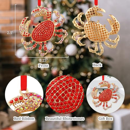 Crab Christmas Ornament - Red Rhinestone Coastal Beach Themed Hanging Ornament