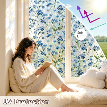 Stained Glass Window Privacy Film Blue 17.7 x 78.7 in - Vintage Floral Pattern