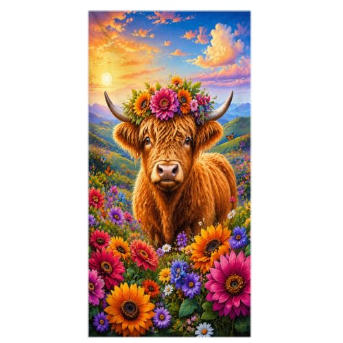 Highland Cow Pattern Beach Towel 36x72 Inch - Wildflower Variation