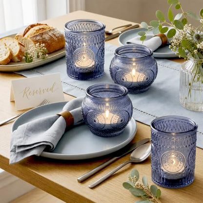 Blue Votive Candle Holders Set - 24 Pack with Vintage Sunflower Pattern