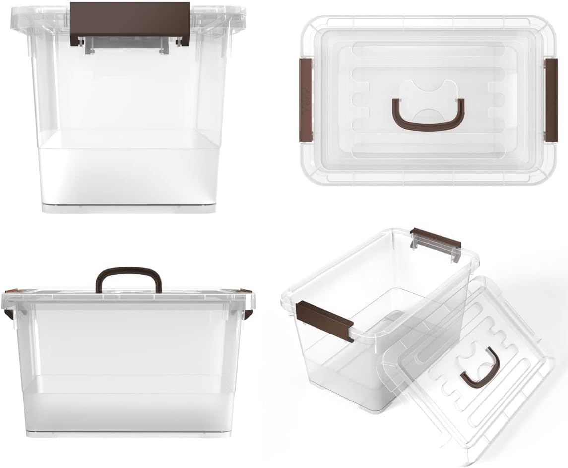WYT 7 Quart Clear Storage Latch Box - Stackable Plastic Bins with Brown Handle & Lid | Multi-Purpose 6-Pack