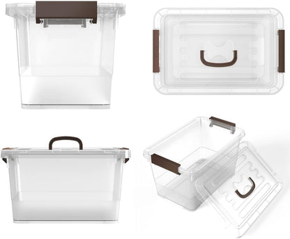 WYT 7 Quart Clear Storage Latch Box - Stackable Plastic Bins with Brown Handle & Lid | Multi-Purpose 6-Pack