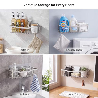 Brushed Stainless Steel Shower Caddy Adhesive Set - Rustproof Bathroom Organizer with Soap Holders - Silver