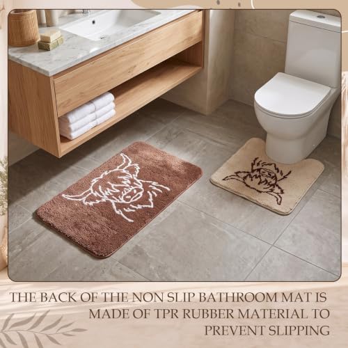 Highland Cow Bathroom Rugs Set - 3 Piece Non Slip Bath Mat Collection