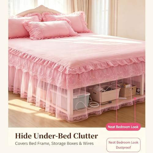 Queen Size Lace Ruffled Bed Skirt - Light Purple 60x80in Romantic Tulle Dust Ruffle