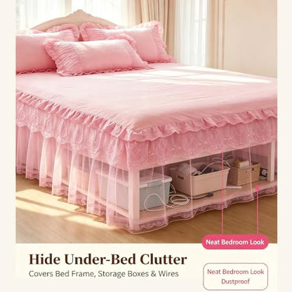 Queen Size Lace Ruffled Bed Skirt - Light Purple 60x80in Romantic Tulle Dust Ruffle