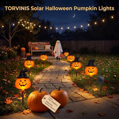 Outdoor Halloween Pumpkin Stake Lights - Solar Jack O Lantern Decor, Waterproof, 6-Pack