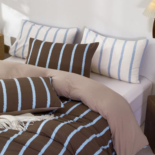 BEDAZZLED Queen Comforter Set with Removable Duvet Cover - Wide Stripes Brown Blue