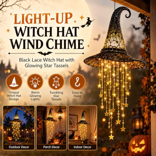 Halloween Witch Hat Lantern Black with Star Tassels - Warm LED Lighted Decoration