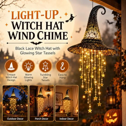 Halloween Witch Hat Lantern Black with Star Tassels - Warm LED Lighted Decoration