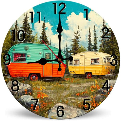 10 Inch Wooden Wall Clock - Camper Theme Silent Sweep Movement, Variation Clock-018+10inch×10inch