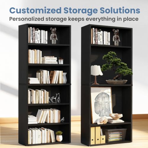 6-Tier Bookcase - 63 Inch Tall Open Bookshelf in Modern Black - DUMOS