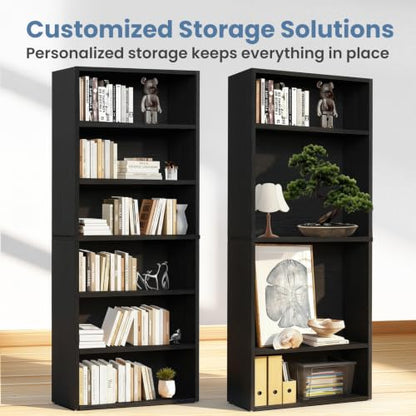 6-Tier Bookcase - 63 Inch Tall Open Bookshelf in Modern Black - DUMOS
