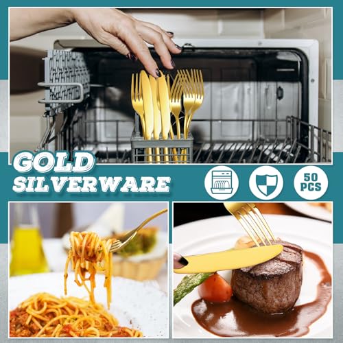 Nuenen Gold Stainless Steel Forks and Knives Set - 50 Pieces, Variation 8.07 x 0.94 & 9.06 x 0.79 Inches