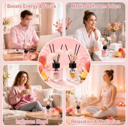 Reed Diffuser Set of 2 with Peach & Pineapple Scent - Aromatherapy Oil for Home & Office