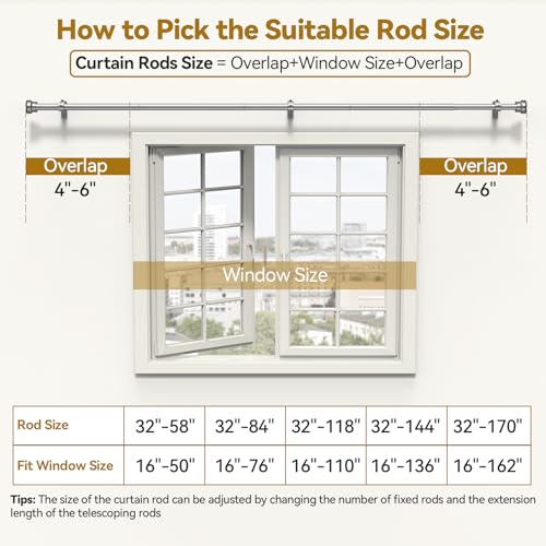 YaFex Curtain Rods 32-170 Inch, Heavy Duty 1 Inch Adjustable Curtain Rod for Windows, Silver Extra Long Window Treatment Rods, Modern Design, Easy Installation