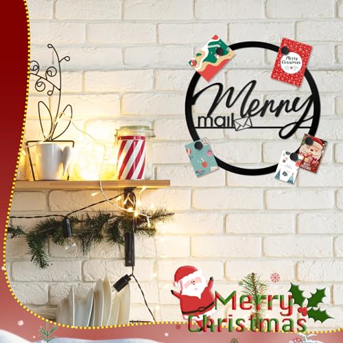 16-Inch Christmas Card Holder Wreath with Magnets - Black Metal Holiday Sign