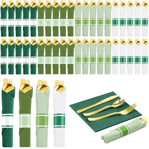 Pre-Rolled Gold Cutlery Set with Green Napkins for 50 Guests - Disposable Party Tableware