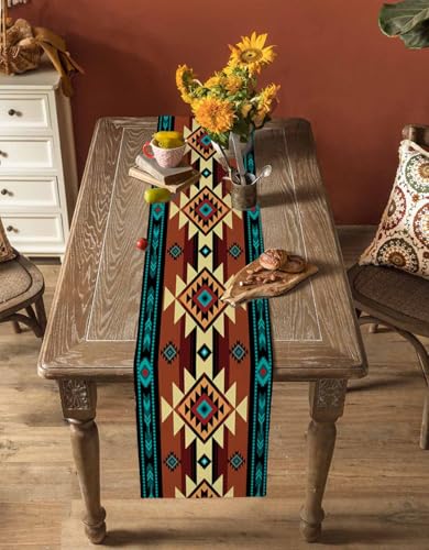Farmhouse Cotton Linen Table Runner 13x48 Inches for Dining Table, Washable Ethnic Tribal Boho Style - Variation of THIS listing