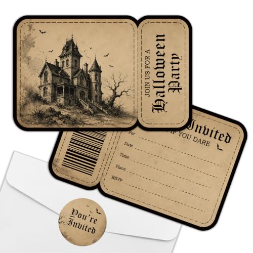 Gothic Castle Halloween Invitation Set with Envelopes and Stickers - 15 Cards