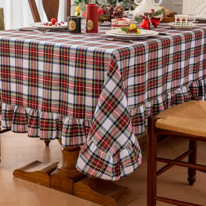 Joyfol Day Christmas Plaid Ruffled Square Tablecloth 60x60 Inch - Red White