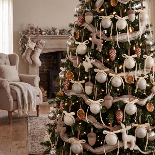 Hungdao 48 Pcs Neutral Christmas Ornaments & Bows Set - Taupe Beige