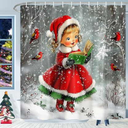 Grey Vintage Christmas Girl Shower Curtain - Retro Winter Snow Scene, 69x70in, Waterproof Fabric with Hooks